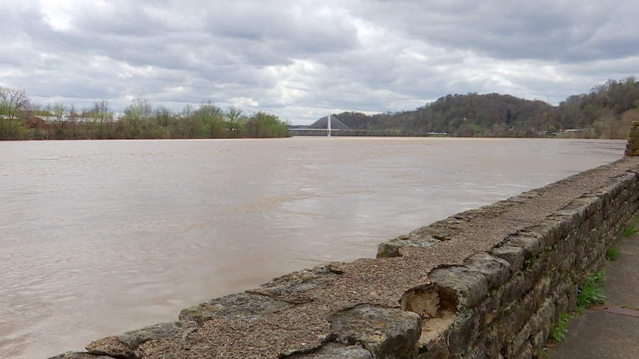 The Ohio River shown here between Pomeroy, Ohio, and Mason, West Virginia, has risen Wednesday, April 3, 2024, following strong storms throughout the region Tuesday, April 2. The flooding is expected to continue, cresting Friday morning, April 5, 2024. (Photo Credit: WOWK 13 News Reporter Rachel Pellegrino)