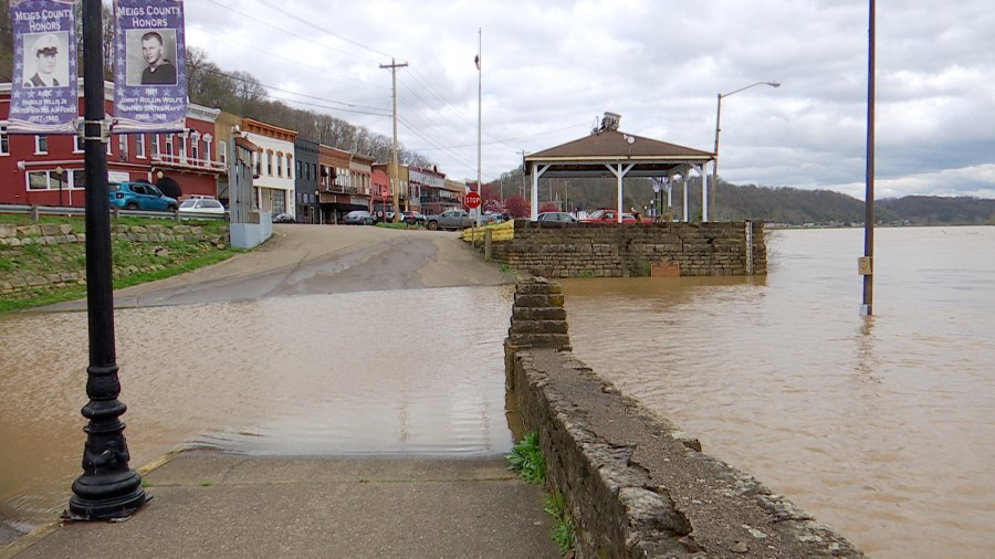 The boat ramp at the Pomeroy Levy has flooded Wednesday, April 3, 2024, following strong storms throughout the region Tuesday, April 2. The flooding is expected to continue, cresting Friday morning, April 5, 2024. (Photo Credit: WOWK 13 News Reporter Rachel Pellegrino)